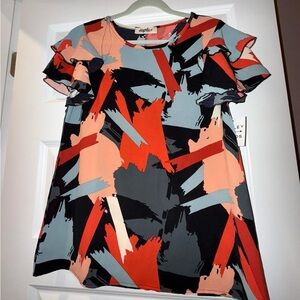Stylish Women's Abstract Print Ruffle Sleeve Crew Neck Blouse - Black, Red, Gray